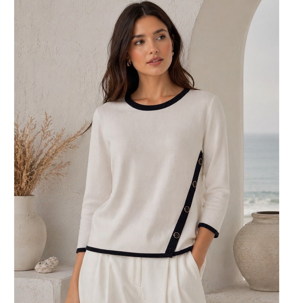 Investments Womens White Black Asymmetric Button Trim 3/4 Sleeve Knit Top M